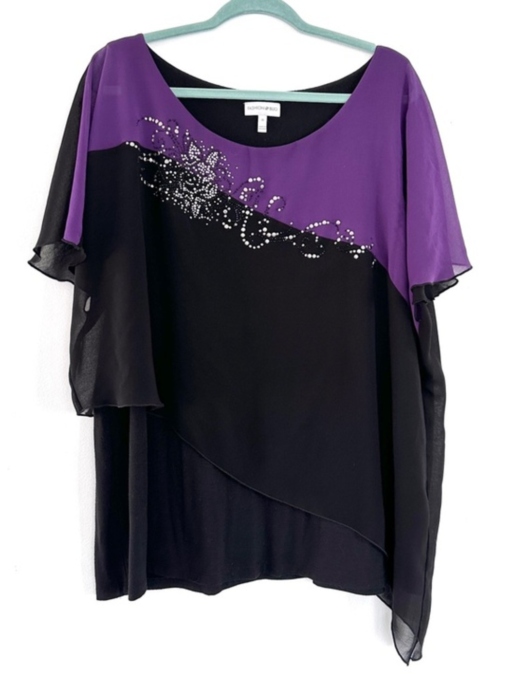 Vtg 1X Tiered Chiffon Rhinestone Purple Black Top Flutter Sleeves Fashion Bug